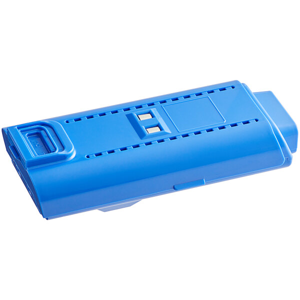 A blue rectangular Lavex stick vacuum battery with holes.
