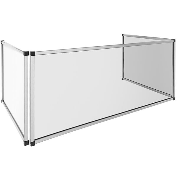 A clear acrylic folding portable sneeze guard with black corners.
