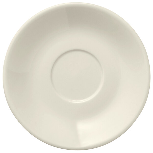A Libbey Porcelana white porcelain saucer with a rolled edge and a circle in the middle.