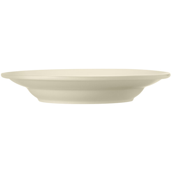 A Libbey Porcelain pasta bowl with a white border on a white surface.