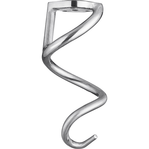 A silver spiral shaped dough hook with a round base.