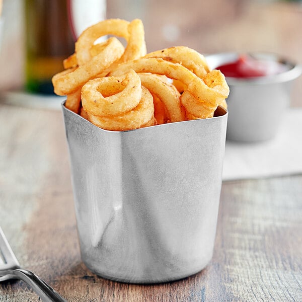 A Tablecraft stainless steel fry cup with food inside.