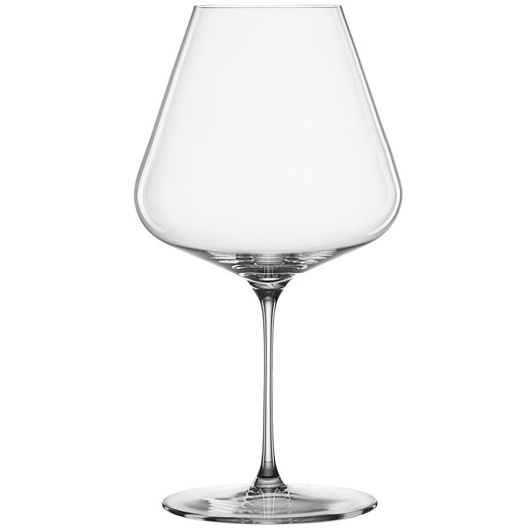 A clear wine glass with a stem.