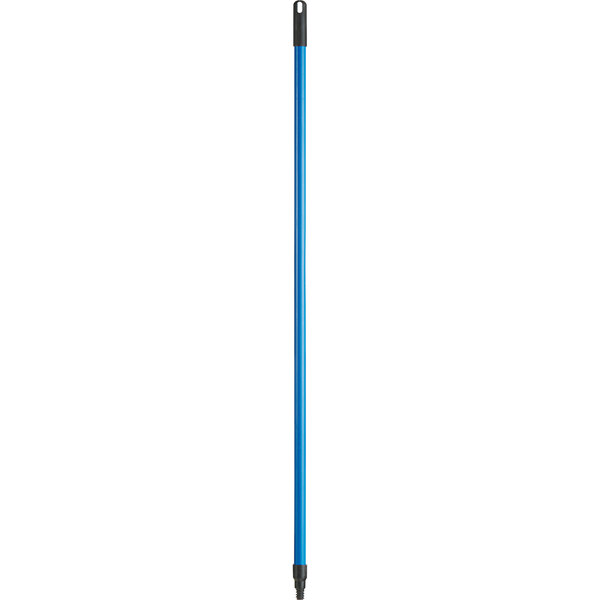 A blue broom handle with a black tip.