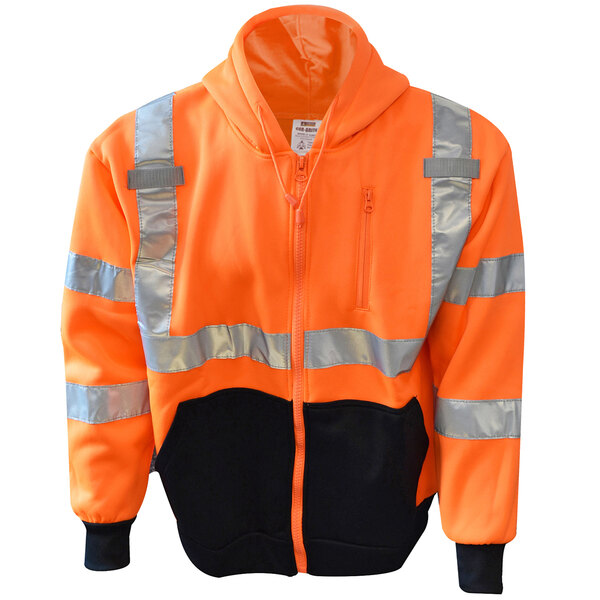 An orange Cordova hooded sweatshirt with black accents and reflective stripes.