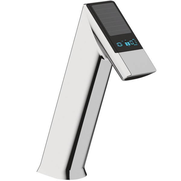 A Sloan polished chrome hands-free faucet with a digital display.