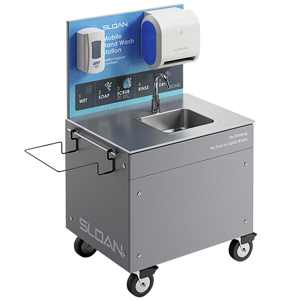 A Sloan stainless steel mobile hand washing station with soap dispenser.