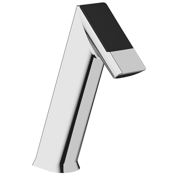 A Sloan polished chrome deck-mounted double sensor faucet with a black square.