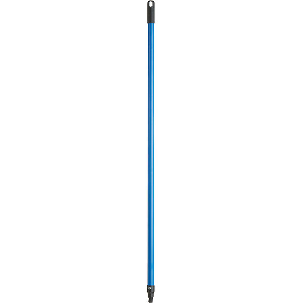 A blue metal pole with a black handle.