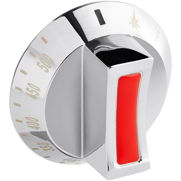 A chrome and red knob for a Cooking Performance Group C-36 gas range with a red dial.