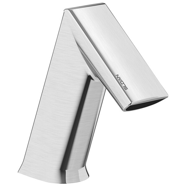 A Sloan polished chrome hands free faucet with a curved neck and side mixer.
