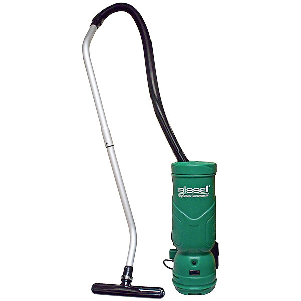 A green and black Bissell Commercial backpack vacuum cleaner.