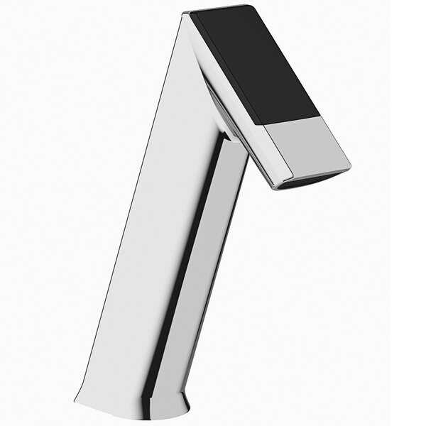 A close-up of a Sloan chrome faucet with a black square side mixer.
