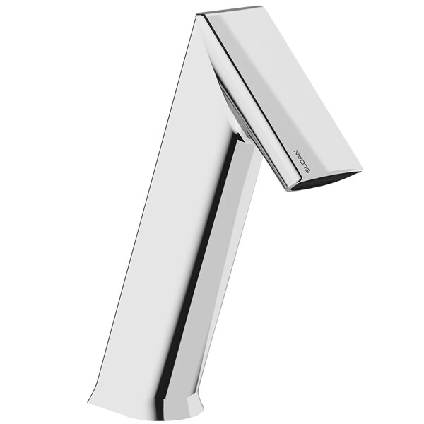 A silver Sloan faucet with a curved neck and black sensor device.