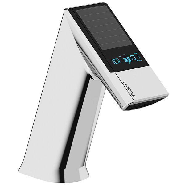 A silver Sloan solar powered hands-free faucet with a digital display.