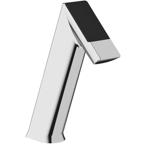 A close-up of a Sloan solar powered chrome double sensor faucet with black accents.