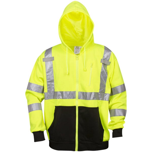 A Cordova lime yellow hooded sweatshirt with reflective stripes.