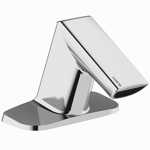 A polished chrome Sloan hands-free faucet with integrated base.