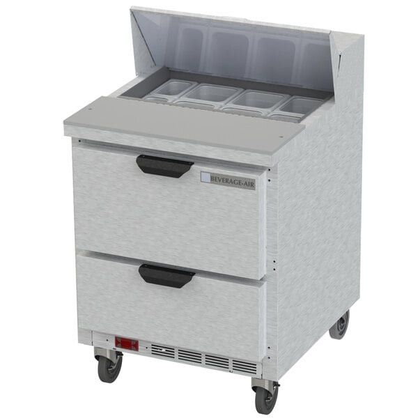 A white Beverage-Air refrigerated sandwich prep table with two drawers open.