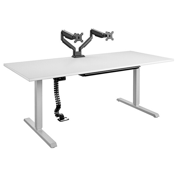 A white Bridgeport Pro-Desk with a black dual monitor arm attached.