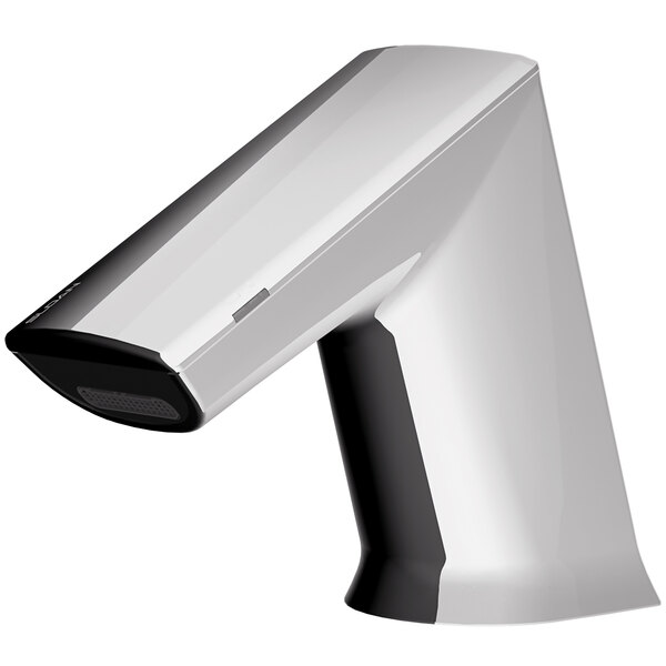A Sloan polished chrome hands-free double sensor faucet with white accents.