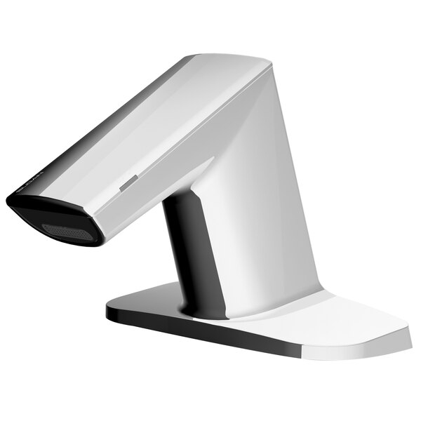 A white and silver Sloan BASYS deck mounted electronic faucet with a handle.