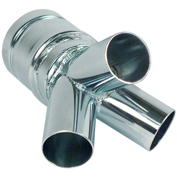 A galvanized steel pipe with one large opening and three small openings.