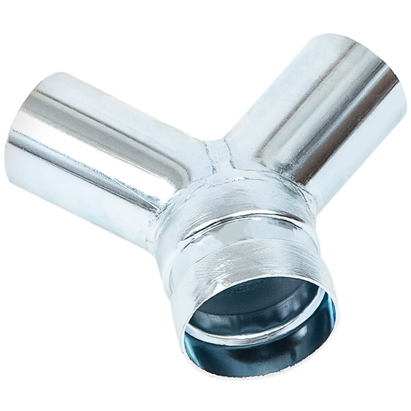 A silver metal Delfin Industrial vacuum pipe with (3) 2" openings.