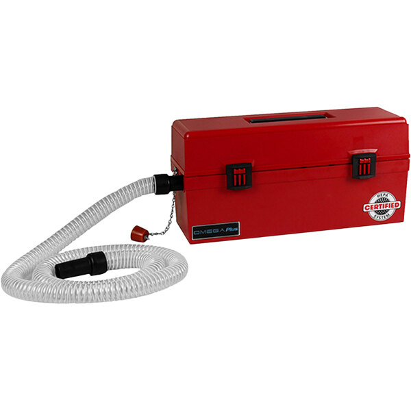 An Atrix red tool box with a hose and black handles.