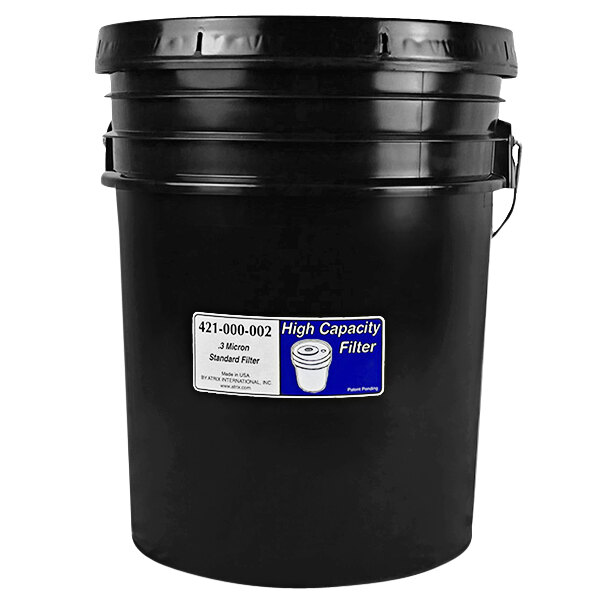 A black Atrix bucket with a white label.