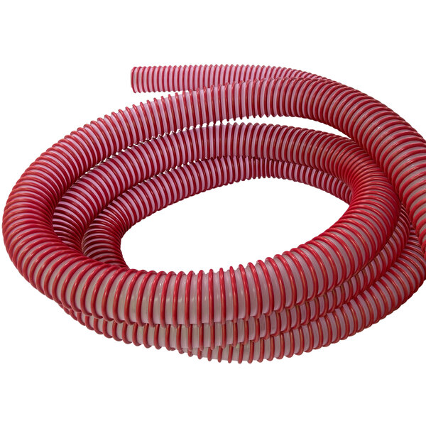A red flexible vacuum hose with white stripes.