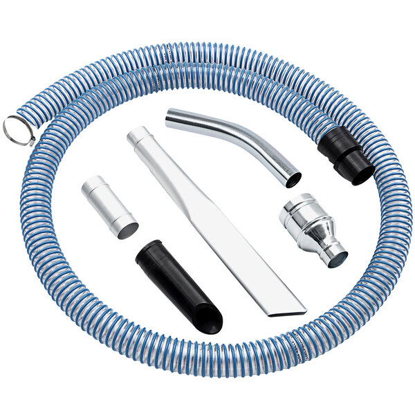 A blue and silver hose with black tubes and a metal pipe.