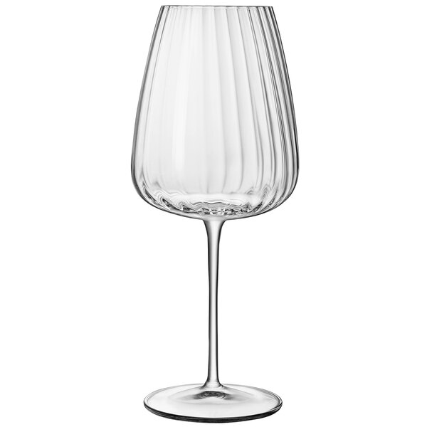 A Luigi Bormioli clear wine glass with a long curved stem.
