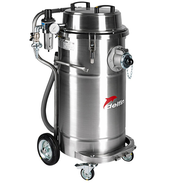A silver stainless steel Delfin Industrial Airex vacuum with black wheels.