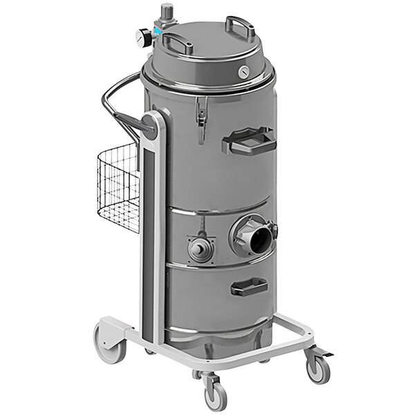 A grey Delfin Industrial Airex 45 2V air-powered dry vacuum on wheels with a basket on the side.