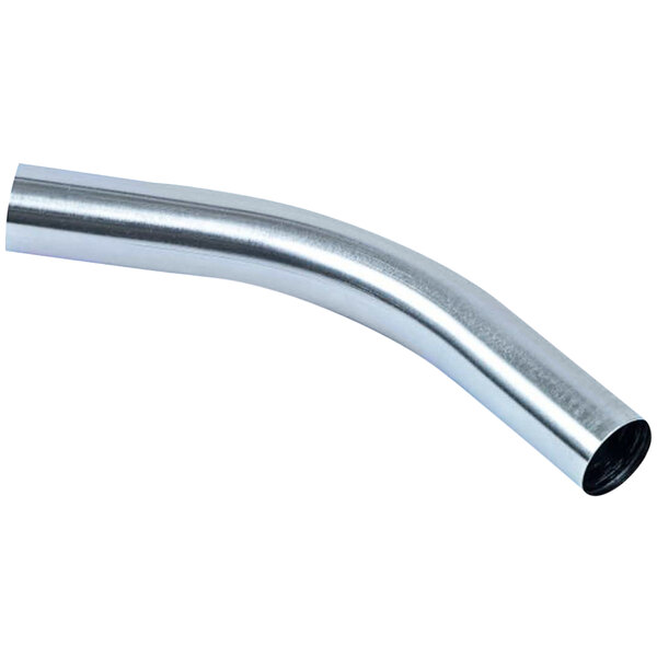 A close-up of a curved metal pipe with a metal connector on one end.