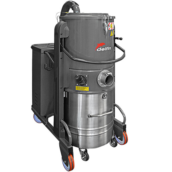 A grey and black Delfin Industrial explosion-proof industrial vacuum cleaner with wheels and a handle.
