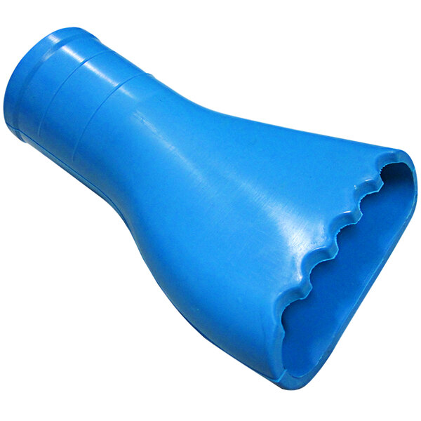 A close-up of a blue Delfin Industrial rubber nozzle with a serrated edge.