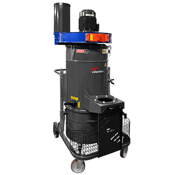 A Delfin portable dust collector on wheels with a blue and black handle.