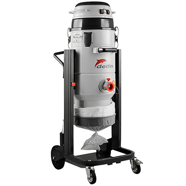 A grey and black Delfin Industrial vacuum cleaner on wheels with a black handle.
