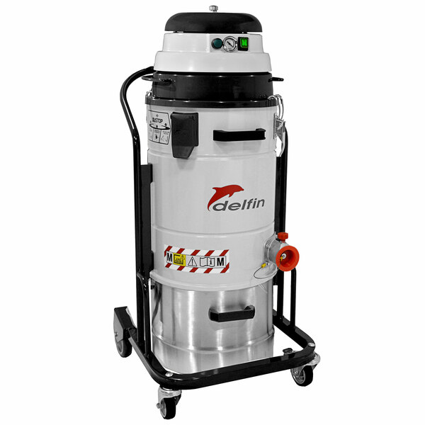 A Delfin industrial vacuum cleaner on wheels with a white and black machine.