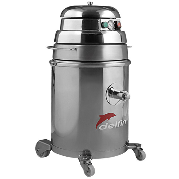 A silver stainless steel Delfin Industrial wet/dry vacuum container with a lid.