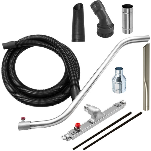 A Delfin stainless steel vacuum cleaner kit with hose and accessories.
