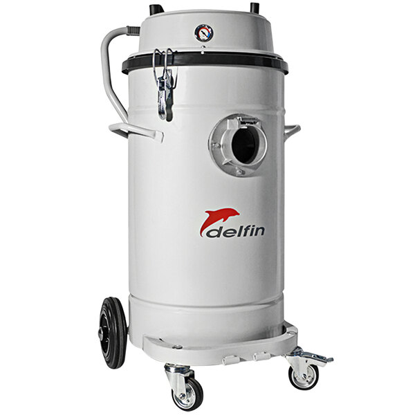 A white Delfin Industrial Air wet and dry vacuum with black wheels.