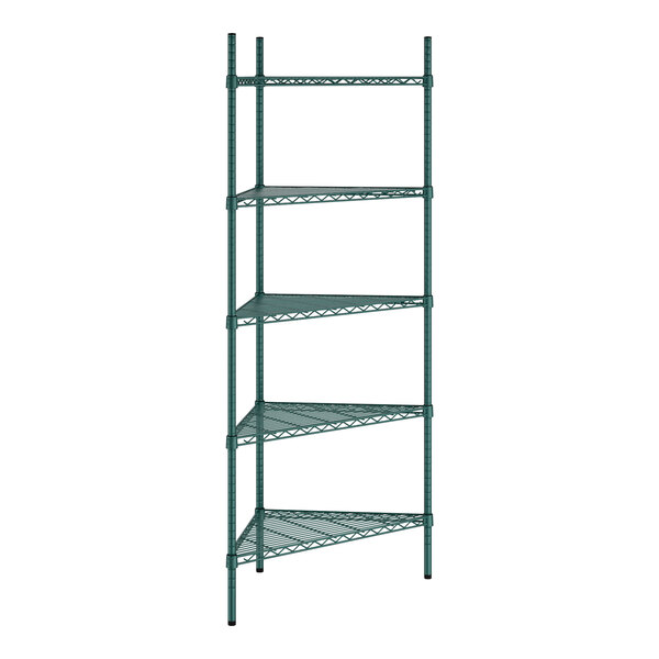 A green Regency wire shelving unit with four triangle-shaped shelves.