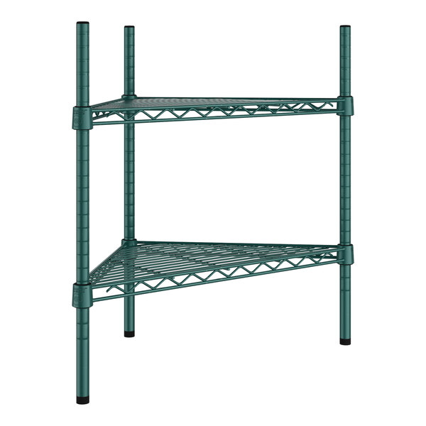 A green metal corner shelf with two triangle shelves.