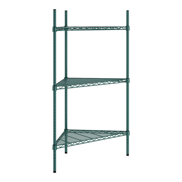 A green metal Regency wire shelving unit with three shelves.