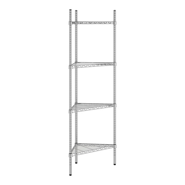 A wireframe Regency metal shelving unit with four triangle shelves.