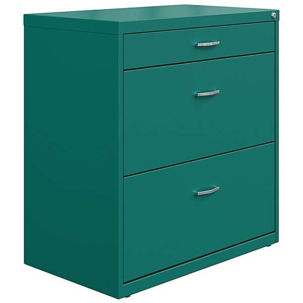 A teal Hirsh Industries lateral file cabinet with three drawers.