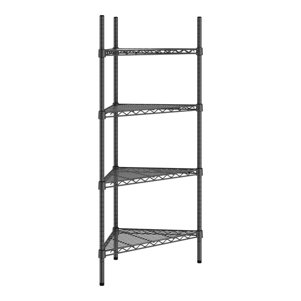 A black metal Regency wire shelving kit with four shelves.